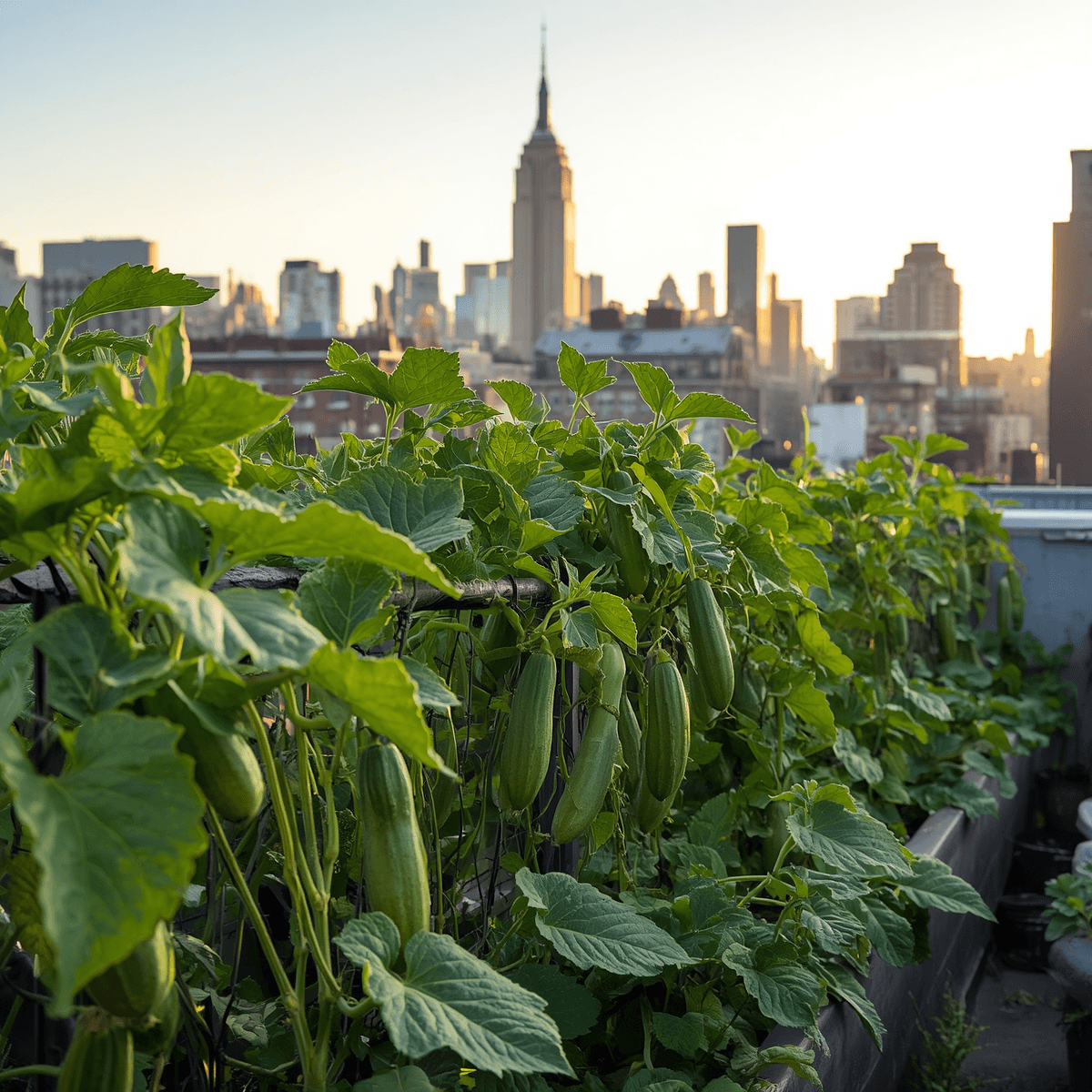 Cucumbers growing on an NYC rooftop garden