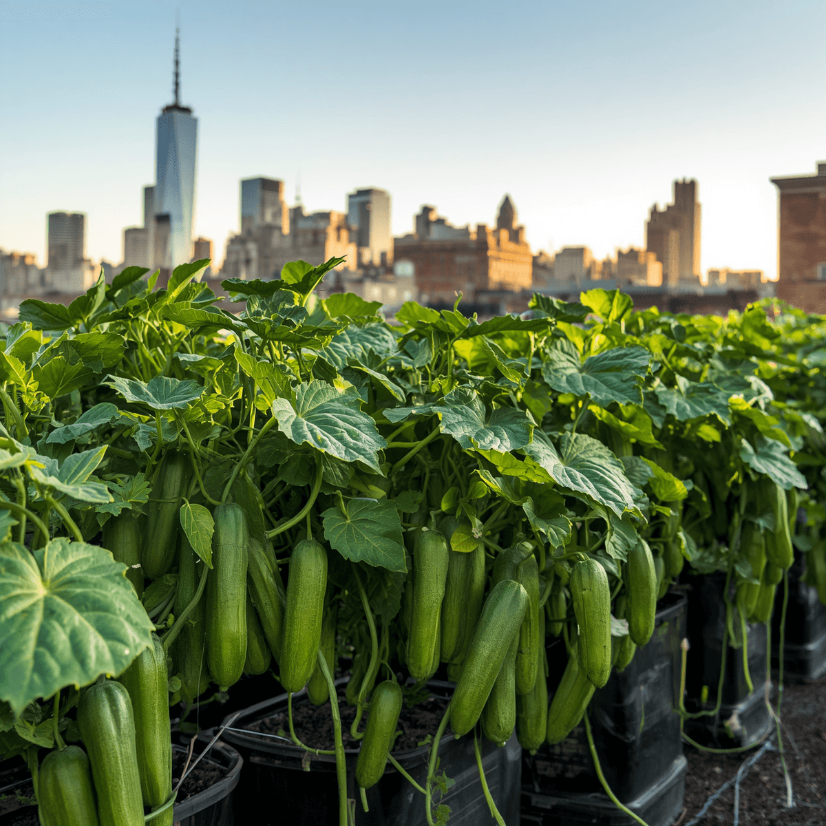 Organic cucumber garden on an NYC rooftop at golden hour, with the Manhattan skyline in the background
